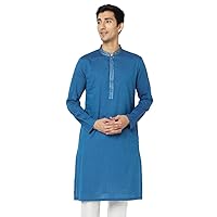 In-Sattva Men's Indian Embroidered Banded Collar Artistic Long Kurta Tunic