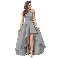 CWOAPO Halter High Low Evening Party Dress Satin Homecoming Dresses A Line Cocktail Gowns with Pockets
