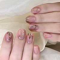 Leaf French Tip Press on Nails Short Square Fake Nails with Golden Glitter Leaves Designs Acrylic Nails Press ons False Nails Glossy Solid Color Stick on Nails for Women&Girls Nail Decorations, 24Pcs