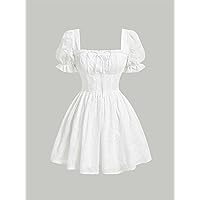 Dresses for Women - Eyelet Embroidery Puff Sleeve Ruched Bust Dress (Color : White, Size : Large)