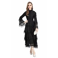 Unique Women Evening Gown Dress Black/White Lace Tassel Long Sleeve Winter Dress