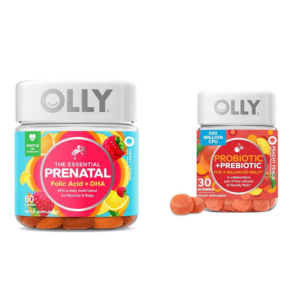 OLLY The Essential Prenatal Gummy Multivitamin, 30 Day Supply (Gummies), Sweet, Folic Acid & Probiotic + Prebiotic Gummy, Digestive Support and Gut Health, 500 Million CFUs, Fiber