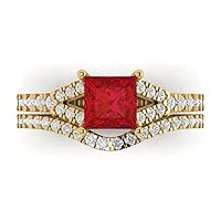 Clara Pucci 1.95 carat Princess Cut Solitaire Simulated Red Ruby Wedding Anniversary Bridal ring band set Curved 14k Yellow Gold