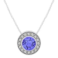 1.20 CT Round Created Blue Sapphire Halo Vintage Pendant Necklace 14K White Gold Finish