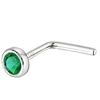 Jewelry Avalanche Solid 14K Gold L-Shape Stud Bezel Set Emerald 22G L-Bend Nose Stud - 14K White Gold / 14K Yellow Gold May Birthstone Nose Ring Stud
