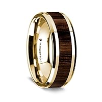14K Yellow Gold Polished Beveled Edges Wedding Ring with Black Walnut Wood Inlay - 8 mm