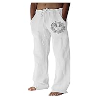 WENKOMG1 Mens Cotton Linen Pants,Wide Leg Drawstring Closure Pull On Trousers Loose Fit Baggy Lounge Wide Leg Bottoms