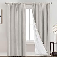 PrinceDeco 100% Blackout Linen Curtains 84 inch Long Rod Pocket Blackout Linen Curtains Panels with White Liner Energy Saving Curtains for Bedroom, Set of 2(52 x 84 Inch, Stone)