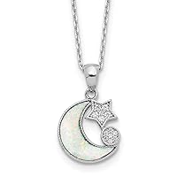 925 Sterling Silver Rhodium Plated CZ Simulated Opal Inlay Celestial Moon With 2inch Extension Necklace 16 Inch Measures 13.1mm Wide Jewelry for Women