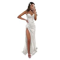Women's Spaghetti Straps Sequin Prom Dress with Slit Mermaid Formal Evening Party Gowns