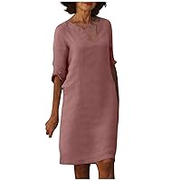 Linen Midi Dresses for WomenSummer Dresses for Women 2024 Solid Color Casual Linen Loose Fit with Half Sleeve V Neck Knee Straight DressPinkX-Large
