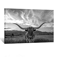 KREATIVE ARTS Black and White Texas Animal Canvas Wall Art Highland Cattle with Long Horns Picture Longhorn in Sunset Farm Painting for Home Decor Modern Living Room Decorations 47x32inch