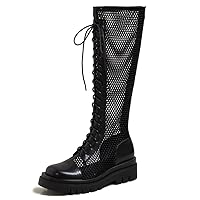 Ladies High Boots Thick Bottom Black White Leather Patchwork Mesh Knee Boots Ladies Summer Motorcycle Short Boots Shoes Fashion Boots Breathable Women's Boots