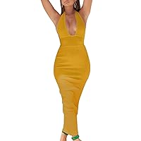 whoinshop Women's Halter Sexy V Neck Backless Bodycon Bandage Evening Wedding Party Long Dresses