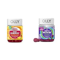 OLLY Extra Strength Daily Energy Gummy with Vitamin B12, CoQ10, Goji Berry, 60 Count & Keep It Moving Constipation Relief Gummy with Rhubarb, Prunes, Amla, 30 Count
