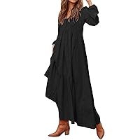 Dresses for Women 2023 Cotton and Linen Spring Women's Button Cotton Retro Casual Long Sleeve Dress