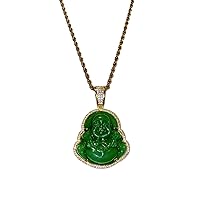 Real Simulated Green Jade Mens Women Luck Happy Green Jade Buddha Pendant Laughing Buddha Statue Gold Rope Chain Necklace Pendant Certified Grade A Jadeite Jade Hand Crafted, Jade Neckalce