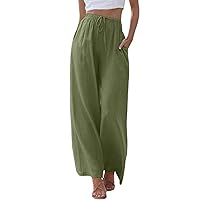 SNKSDGM Womens Linen Long Palazzo Pants Summer Drawstring Wide Leg Elastic High Waist Casual Comfy Pant Trousers with Pockets