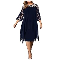 Homecoming Dresses, White Dress Cocktail Dresses for Women Wedding Guest Pleasant Dress Women's Fashionable Lace Patchwork 3/4 Sleeve Mid Length Knee Chiffon Dress Smocked Cap