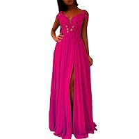 VeraQueen Women's Off Shoulder High Side Split Prom Dresses Open Back Chiffon Sweep Train Formal Party Evening Gown Rose Red