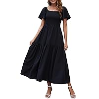 Lyrur Women’s Summer Maxi Dress Square Neck Ruffle Short Sleeve Smocked Tiered Casual Beach Sundress with Pockets