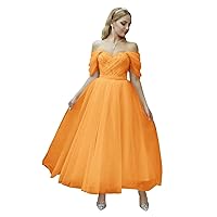 Lindo Noiva Women's Tulle Off Shoulder Prom Dresses Tea Length Princess Dress Sweetheart Neck Beaded Evening Gown LN345