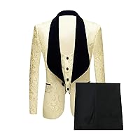 Men Red Jacquard Suits 3 Pieces Black Fleece Shawl Lapel Slim Fit Groom Tuxedos Formal Wedding Suits