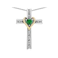 14k Yellow Gold Two Tone Love Cross with Heart Stone Pendant Necklace