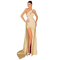 One Shoulder Satin Prom Dresses for Women Long Mermaid Bodycon Pleated Formal Evening Party Gown with Slit
