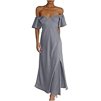 Womens 2023 Off The Shoulder Casual Ruffle Short Sleeve Maxi Dress Solid Side Split Cocktail Dresses Summer Beach Dress
