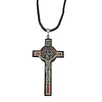 Saint Benedict Medal Wood Crucifix Pendant Cord Necklace. Religious Necklace for Men and Women. Made in Brazil