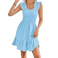 Womens Summer Casual Sleeveless Square Neck Smocked Ruffle Backless Boho Mini Dresses 2024 Trendy Flowy Sundress