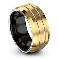 Tungsten Wedding Band Ring 10mm for Men Women Bevel Edge 18K Yellow Gold Grey Black Double Line Brushed Polished