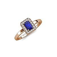0.88 ctw Blue Sapphire Emerald Shape (6x4 mm) Accented Side Natural Diamond Halo Engagement Ring with Milgrain Work in 14K Gold
