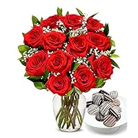 From You Flowers - One Dozen Roses with Chocolate Drizzled Oreos with Glass Vase (Fresh Flowers) Birthday, Anniversary, Get Well, Sympathy, Congratulations, Thank You