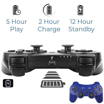 Bek Controller replacement for PS3 Controller Wireless Remote Gamepad, Thumb Grips, Double Shock 3 Vibration, Motion Sensors, Rechargeable Battery, compatible with Sony Playstation 3 Color (Blue)