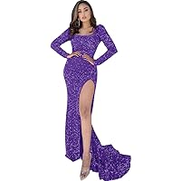 Tsbridal Women's Long Sleeve Sequin Prom Dresses 2024 with Slit Mermaid Formal Evening Dress with Train