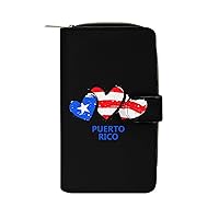 Flag of Puerto Rico Heart Womens Wallet Leather Card Holder Purse RFID Blocking Bifold Clutch Handbag with Zipper Pocket
