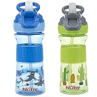 Nuby Thirsty Kids Push Button Flip-it Soft Spout on The Go Water Bottle (Green/Blue)
