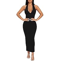 Floerns Women's Plunging Deep V Neck Backless Ribbed Knit Tie Back Bodycon Maxi Dress