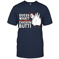 Funny Cartoon Shirt, Guess What Chicken Butt White Design Top for Women and Men T-Shirt (Navy;XL)