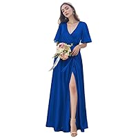 Satin Bridesmaid Dresses Pleated Side Slit v-Neck Formal Party Dress with Sleeves
