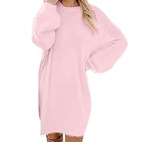 Women's Furry Crewneck Oversized Mini Dress Lantern Long Sleeve Casual Comfy Pullover Sweater Tunic Dress Loungewear