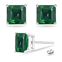 1.20-1.44 Cts of 5 mm AAA Asscher Cut Lab Created Emerald Stud Earrings in 14K White Gold