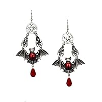 Vintage Silver Halloween Pentagram Mythological Creature Red Vampire Bat Pendant Drop Earrings Gothic Victorian Jewelry for Birthday/Party/Christmas/Friendship Gifts