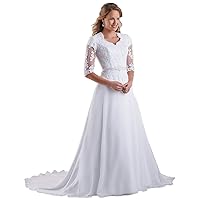 Chiffon Women Bridal Dress Lace 3/4 Illusion Sleeves V Neck Wedding Dresses