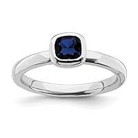 925 Sterling Silver Bezel Polished Stackable Expressions Cushion Cut Created Sapphire Ring Jewelry for Women - Ring Size Options: 10 5 6 7 8 9