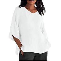 Bengbobar Women's Plus Size 3/4 Sleeve Loose Cotton Linen Top Shirt Crewneck Solid Color Shirts for Women Patchwork Shirt