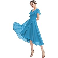 Ruffle Short Bridesmaid Dresses with Pockets V Neck Chiffon Corset Formal Party Gowns Junior Fairy Dress