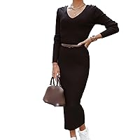 Women Pullover Sweater Dress V Neck Long Sleeve Bodycon Pencil Long Dress Slim Party Ribbed Knit Mini Fall Dresses